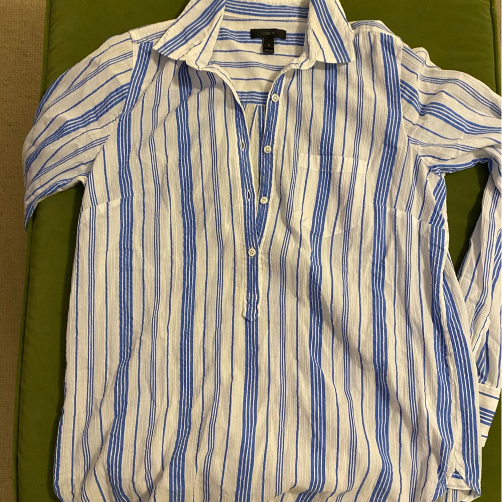 J. Crew Blue and White Long Sleeve Notched Collar Shirt